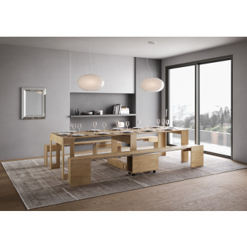 Evolve Konsolentisch mit unterer und oberer Bank - Ausziehbarer Konsolentisch 90x42/302 cm Evolve Esche weiß mit Innenverlängerungen mit unterer und oberer Bank