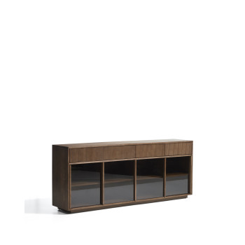 Helvine Sideboard mit 4 Türen und 4 Schubladen in Eschenfurnier mit Walnussfinish und Sicherheitsglas, 200 x 80 cm, FSC 100 %
