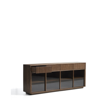 Helvine Sideboard mit 4 Türen und 4 Schubladen in Eschenfurnier mit Walnussfinish und Sicherheitsglas, 200 x 80 cm, FSC 100 %