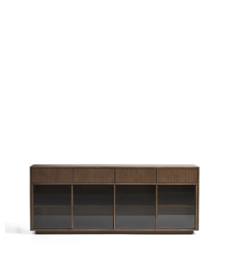 Helvine Sideboard mit 4 Türen und 4 Schubladen in Eschenfurnier mit Walnussfinish und Sicherheitsglas, 200 x 80 cm, FSC 100 %
