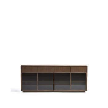 Helvine Sideboard mit 4 Türen und 4 Schubladen in Eschenfurnier mit Walnussfinish und Sicherheitsglas, 200 x 80 cm, FSC 100 %