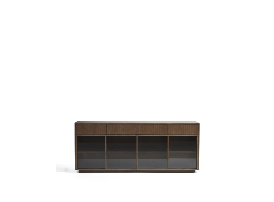 Helvine Sideboard mit 4 Türen und 4 Schubladen in Eschenfurnier mit Walnussfinish und Sicherheitsglas, 200 x 80 cm, FSC 100 %