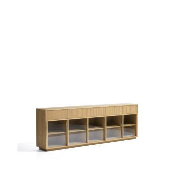 Helvine Sideboard mit 5 Türen und 5 Schubladen aus Eichenfurnier und Sicherheitsglas, 242 x 80 cm, FSC 100 %
