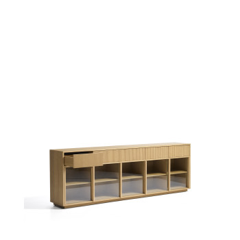 Helvine Sideboard mit 5 Türen und 5 Schubladen aus Eichenfurnier und Sicherheitsglas, 242 x 80 cm, FSC 100 %