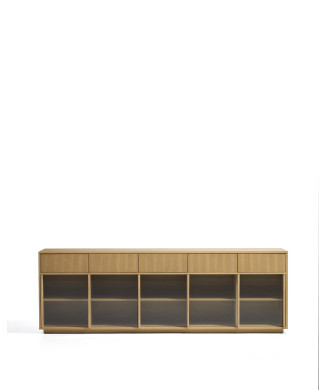 Helvine Sideboard mit 5 Türen und 5 Schubladen aus Eichenfurnier und Sicherheitsglas, 242 x 80 cm, FSC 100 %