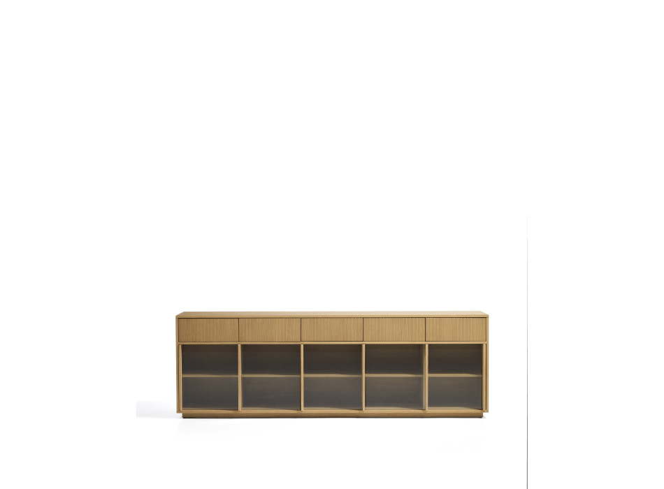 Helvine Sideboard mit 5 Türen und 5 Schubladen aus Eichenfurnier und Sicherheitsglas, 242 x 80 cm, FSC 100 %