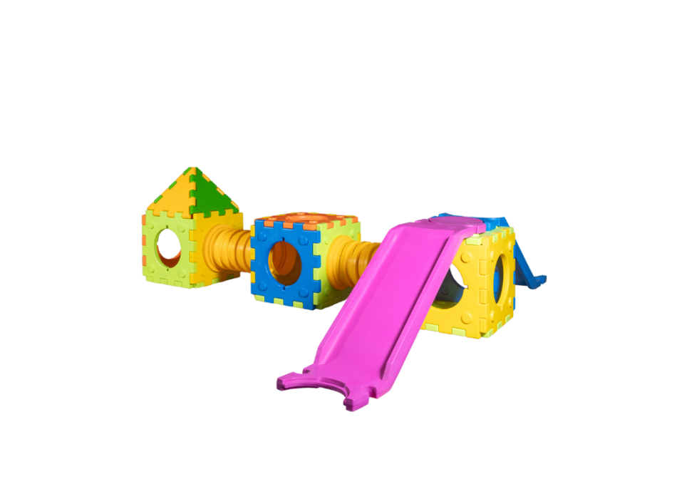 Würfelförmiges Spielzeugmodell E - Baukastenspiel mit 1 kleiner Rutschleiter, 2 Würfeln und 1 Haus.