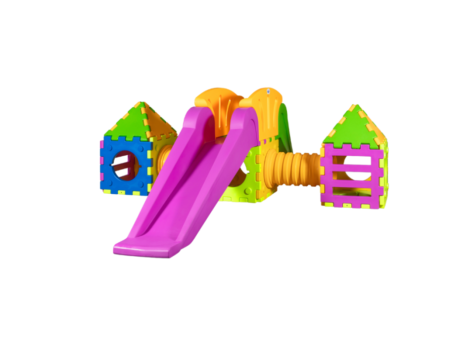 Würfelförmiges Spielzeugmodell i2000 – modulares Spiel mit 1 großer Rutsche und 2 Häusern.