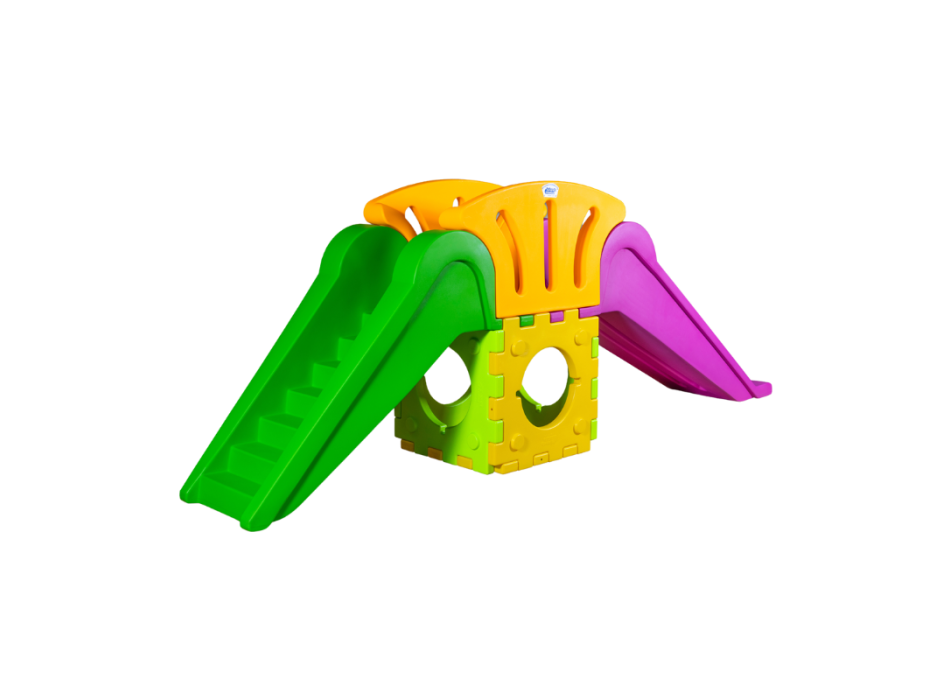 Würfelspielzeug Modell O2000 – modulares Spiel mit 1 großer Rutsche und 1 Leiter.