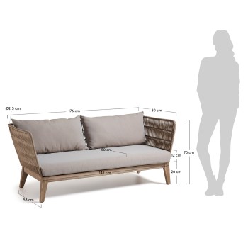 Belleny 3-Sitzer-Sofa aus beigem Seil und Massivholz mit weißer Patina im Seil