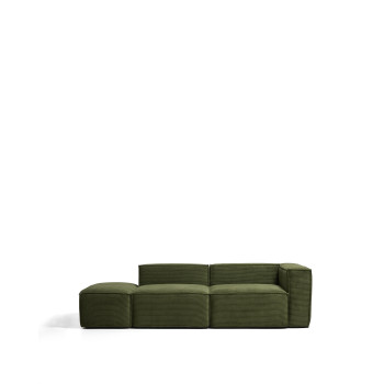 Blok 3-Sitzer-Sofa mit linker Armlehne und passendem Hocker aus dickem, grünem Cord, 270 cm, FSC Mix-zertifiziert