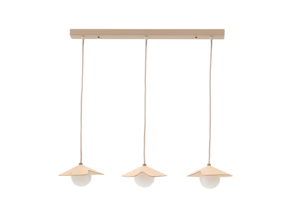 Deckenleuchte Wilara in Eichenfurnier mit 3 weißen Rauchglasperlen