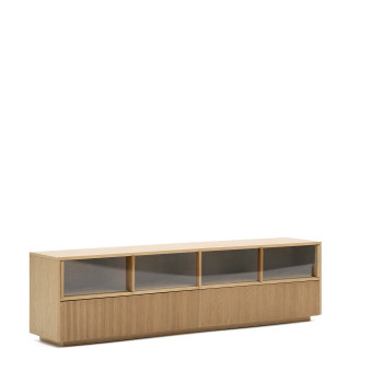 Helvine TV-Schrank mit 4 Türen und 2 Schubladen, Eichenfurnier und Hartglas, 200 x 54 cm, FSC 100 %