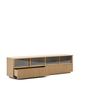 Helvine TV-Schrank mit 4 Türen und 2 Schubladen, Eichenfurnier und Hartglas, 200 x 54 cm, FSC 100 %