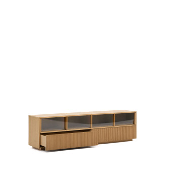 Helvine TV-Schrank mit 4 Türen und 2 Schubladen, Eichenfurnier und Sicherheitsglas, 200 x 54 cm, FSC 100 %