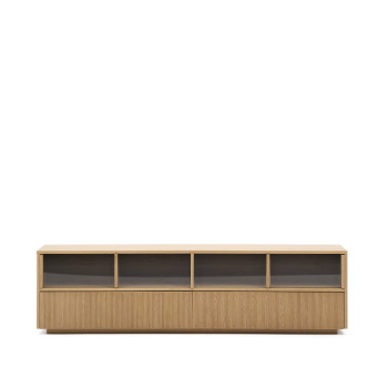 Helvine TV-Schrank mit 4 Türen und 2 Schubladen, Eichenfurnier und Hartglas, 200 x 54 cm, FSC 100 %