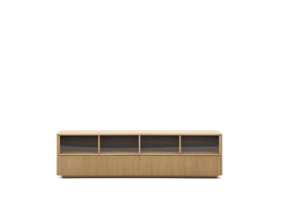 Helvine TV-Schrank mit 4 Türen und 2 Schubladen, Eichenfurnier und Hartglas, 200 x 54 cm, FSC 100 %