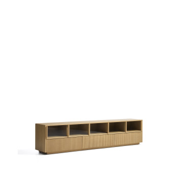 Helvine TV-Schrank mit 5 Türen und 3 Schubladen aus Eichenfurnier und Sicherheitsglas, 242 x 53,5 cm, FSC 100 %