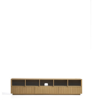 Helvine TV-Schrank mit 5 Türen und 3 Schubladen aus Eichenfurnier und Sicherheitsglas, 242 x 53,5 cm, FSC 100 %