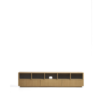 Helvine TV-Schrank mit 5 Türen und 3 Schubladen aus Eichenfurnier und Sicherheitsglas, 242 x 53,5 cm, FSC 100 %