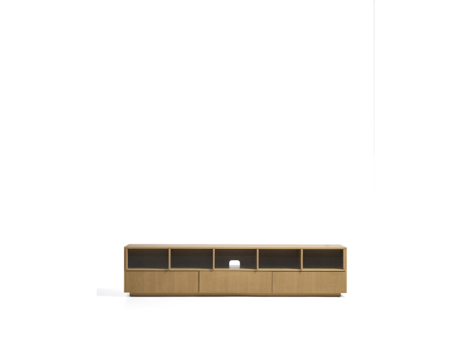 Helvine TV-Schrank mit 5 Türen und 3 Schubladen aus Eichenfurnier und Sicherheitsglas, 242 x 53,5 cm, FSC 100 %