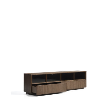 Helvine TV-Schrank mit 4 Türen und 2 Schubladen in Eschenfurnier mit Walnuss-Finish und Sicherheitsglas, 200 x 54 cm, FSC 100 %