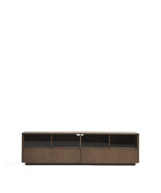 Helvine TV-Schrank mit 4 Türen und 2 Schubladen in Eschenfurnier mit Walnuss-Finish und Sicherheitsglas, 200 x 54 cm, FSC 100 %