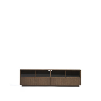 Helvine TV-Schrank mit 4 Türen und 2 Schubladen in Eschenfurnier mit Walnuss-Finish und Sicherheitsglas, 200 x 54 cm, FSC 100 %