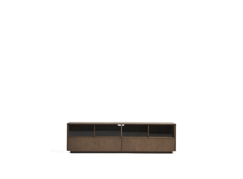 Helvine TV-Schrank mit 4 Türen und 2 Schubladen in Eschenfurnier mit Walnuss-Finish und Sicherheitsglas, 200 x 54 cm, FSC 100 %