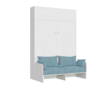 Mod. Kentaro Doppelbett 160 mit Sofa - Kentaro 160 Klappdoppelbett mit Sofa und Wandeinheit in Weiß, Esche und Hellblau