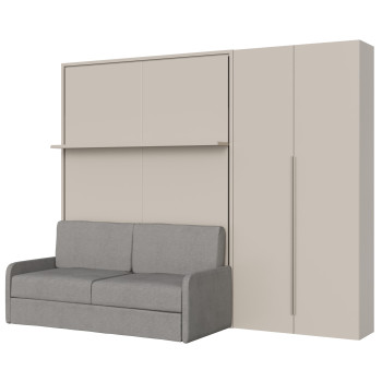 Mod. Versia French 140 mit Sofa, Regal und 2-türigem Kleiderschrank links-rechts - Französisches Klappdoppelbett 140 Versia mit Sofa, Regal und 2-türigem Kleiderschrank rechts Ton