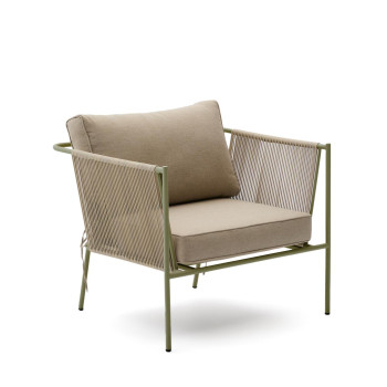 Zivia Outdoor-Sessel aus ecrufarbenem Seil und grün verzinktem Stahl