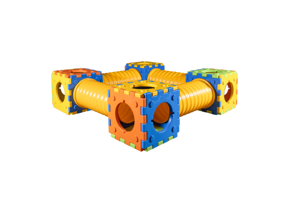Quadrotto-Modulspiel bestehend aus 4 Würfeln und 4 Tunneln.