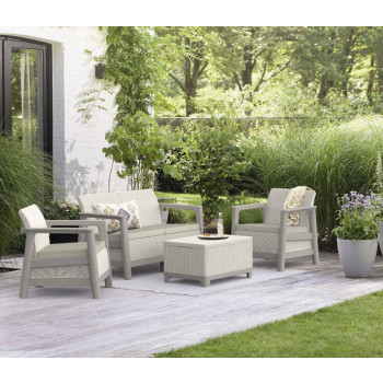 KETER SCANDI 4-Personen-Gartenlounge-Set in Beige mit beigen Kissen