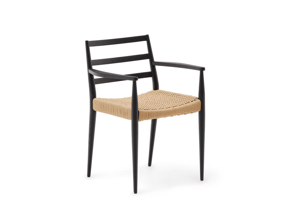 Analy Stuhl mit Armlehnen aus massivem Eichenholz mit schwarzem Finish und Sitz aus FSC 100% Seil