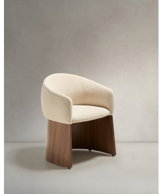 Bosca-Stuhl aus beigem Chenille und FSC 100 % Walnussfurnier