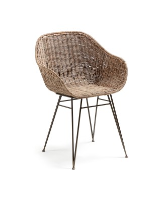 Chart-Stuhl aus Rattan und Stahlbeinen, graues Finish, natürliches Rattan