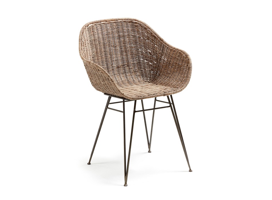 Chart-Stuhl aus Rattan und Stahlbeinen, graues Finish, natürliches Rattan