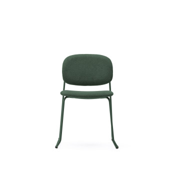 Stapelbarer Stuhl Meli aus grünem Chenille mit grünen Metallbeinen (FSC Mix-zertifiziert).