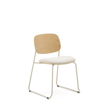 Stapelbarer Meli-Stuhl aus Pappel-Sperrholz mit beigefarbenem Chenille-Sitz und beigefarbenen Metallbeinen (FSC Mix-zertifiziert).