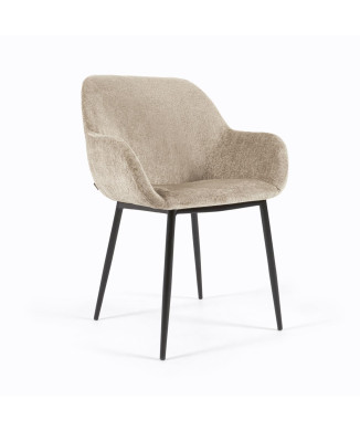 Konna-Stuhl aus beigem Samt-Chenille mit schwarz lackierten Stahlbeinen