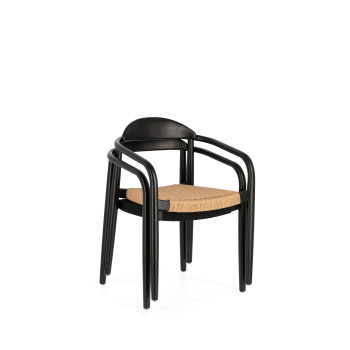 Nina-Stuhl aus massivem Akazienholz mit schwarzer Lackierung und beigefarbener Papierkordel, FSC 100%