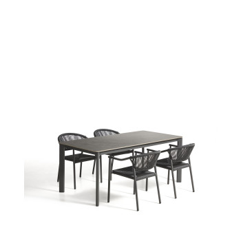 Anafi-Tischset aus Sinterstein und Graphitaluminium sowie 4 Livadia-Stühle aus Graphitaluminium, 180 x 90 cm