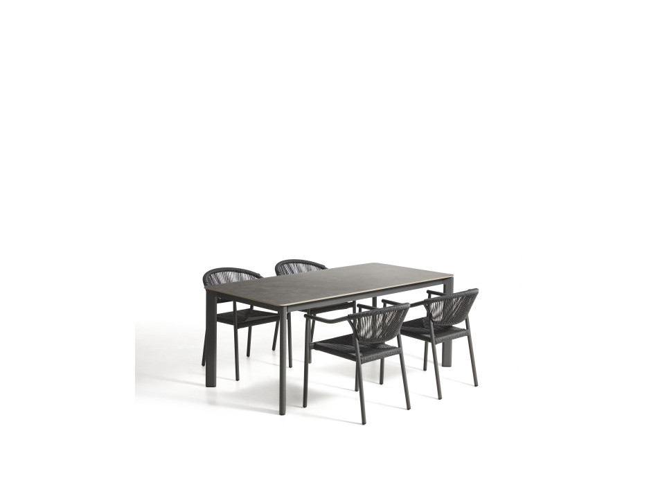 Anafi-Tischset aus Sinterstein und Graphitaluminium sowie 4 Livadia-Stühle aus Graphitaluminium, 180 x 90 cm
