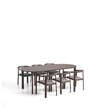 Das Erice-Set besteht aus 6 stapelbaren Stühlen aus Aluminium und Seil sowie einem Tisch aus Aluminium und gehärtetem Glas.
