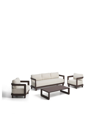 Nerano-Set mit 3-Sitzer-Sofa, 2 Sesseln und Couchtisch aus gehärtetem Glas und braunem Aluminium