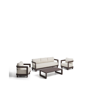 Nerano-Set mit 3-Sitzer-Sofa, 2 Sesseln und Couchtisch aus gehärtetem Glas und braunem Aluminium