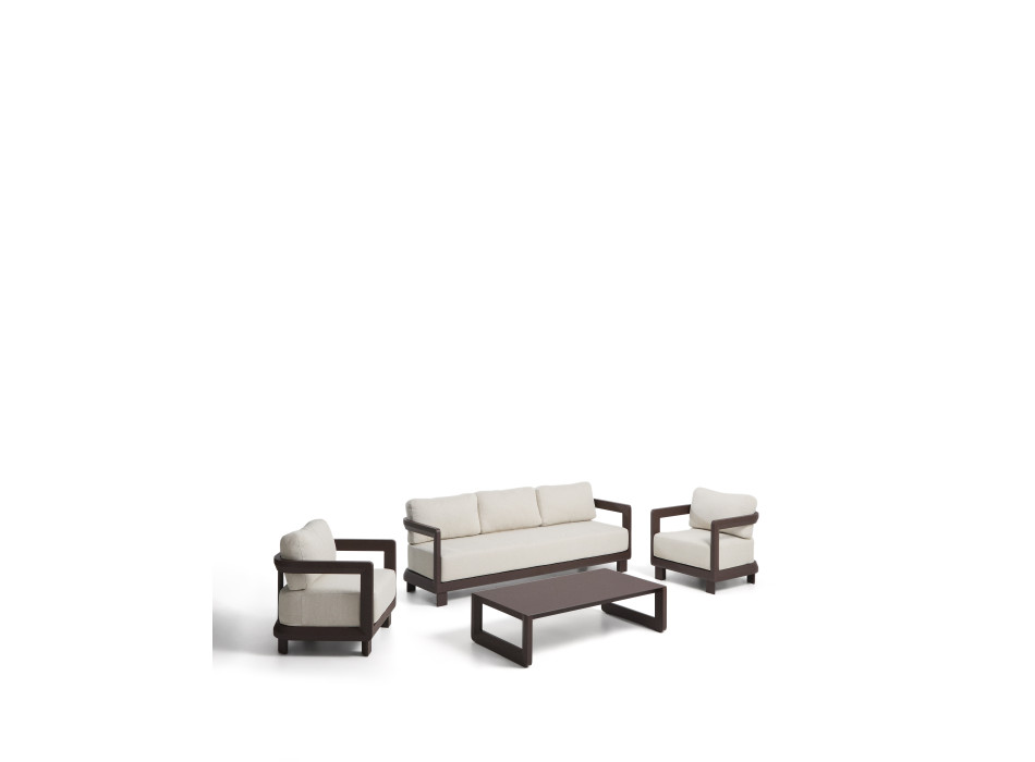 Nerano-Set mit 3-Sitzer-Sofa, 2 Sesseln und Couchtisch aus gehärtetem Glas und braunem Aluminium