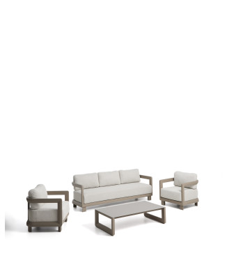 Nerano-Set mit 3-Sitzer-Sofa, 2 Sesseln und Couchtisch aus gehärtetem Glas und taupefarbenem Aluminium