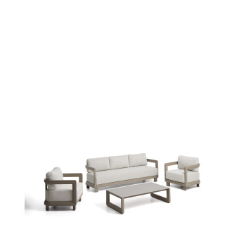 Nerano-Set mit 3-Sitzer-Sofa, 2 Sesseln und Couchtisch aus gehärtetem Glas und taupefarbenem Aluminium